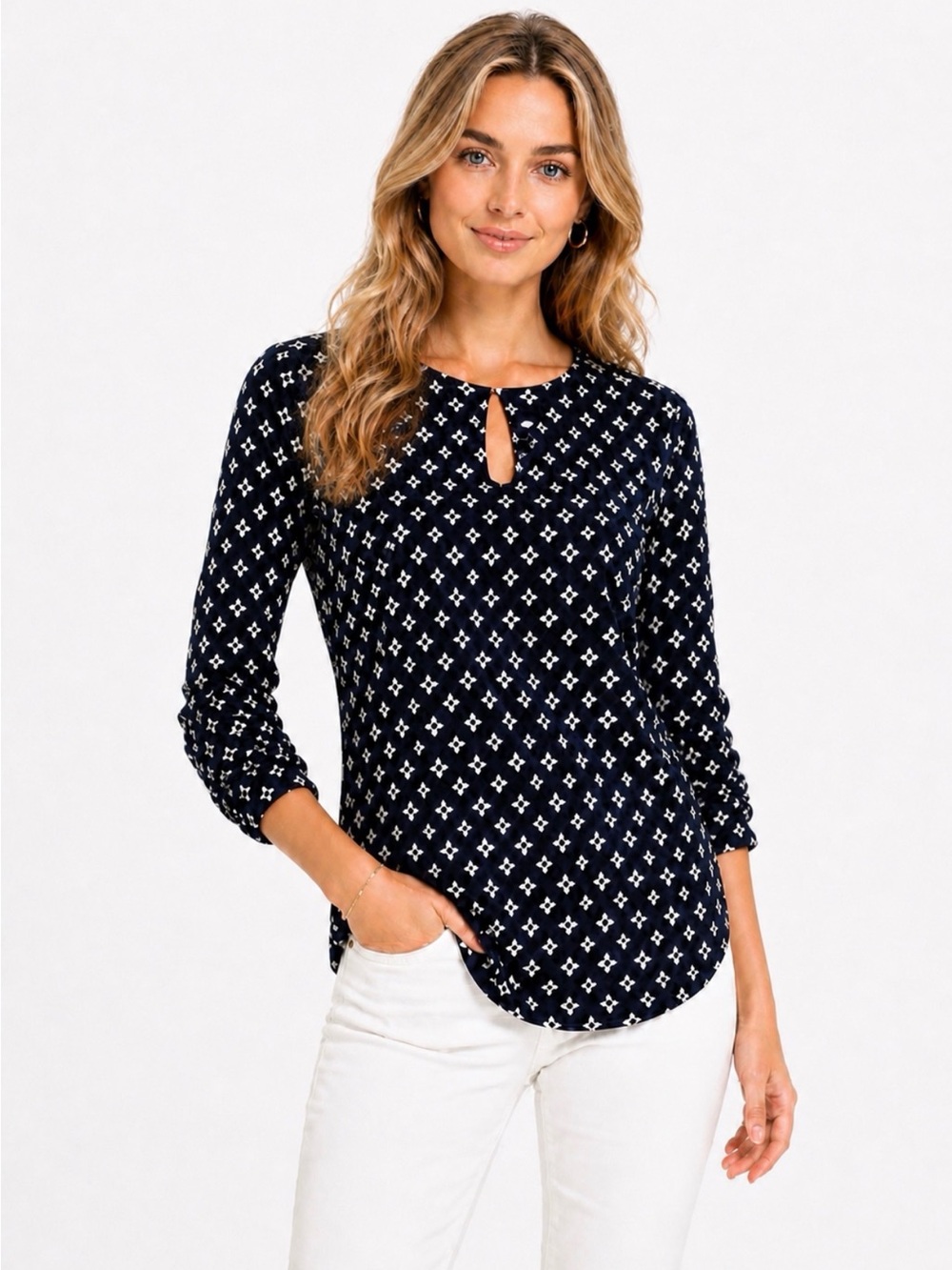 LAUREN RALPH LAUREN Navy and White Keyhole Tunic Top Stretch 3/4 Sleeves Size L